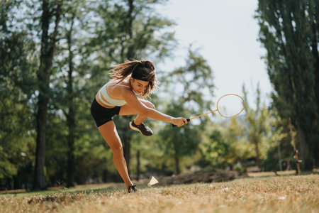 A female badminton player falling after an unsuccessful attempt to reach and hit the shuttle with the racket.の写真素材