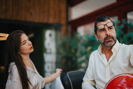 Frowning man looking at a guy, harasser or offender talking inappropriate things to his lovely female business partner.の写真素材