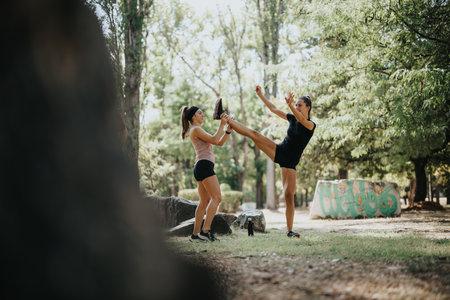 Fit and athletic females stretching and warming up together in a sunny city park, getting ready for a workout.の写真素材