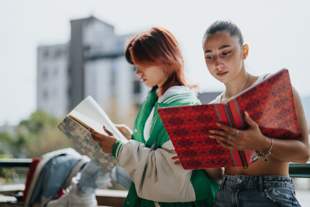 Two high school girls studying outdoors in the city. They are collaborating on a school project and...