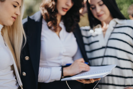 University students studying together in a sunny park, discussing academic topics, helping each...