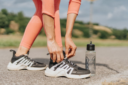 Girl tying her sneakers before running in the city park on a sunny day. Bottle of water next to her....