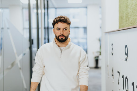 Handsome male walking at modern hall.の写真素材