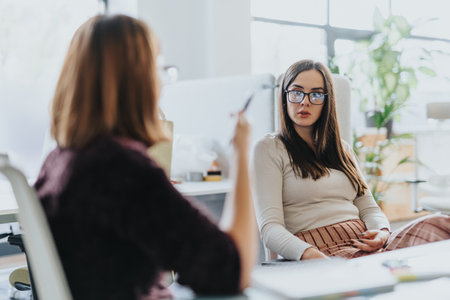 Female business colleagues discuss strategies, analyze statistics, and plan for profit growth in an office setting.の写真素材