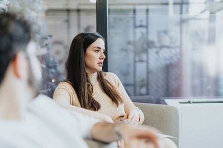 Young businesspeople collaborating and discussing ideas in the office for business growth, profitability, and market expansion.の写真素材