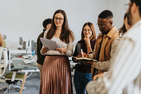 Successful multiethnic business team collaborating on market analysis and financial planning.の写真素材
