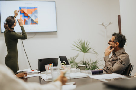 Successful multigenerational business team collaborating in boardroom meeting.の写真素材