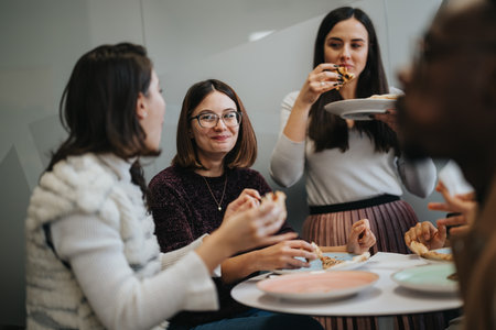 Multigenerational group of confident business people taking a break and enjoying pizza together at workplace.の写真素材