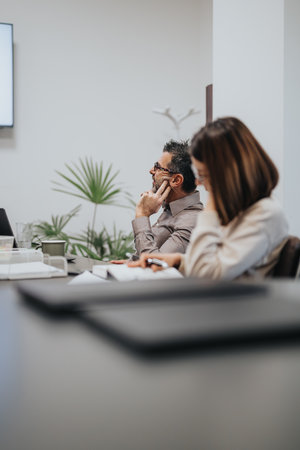 Cross generational people attending in meeting and listening carefully.の写真素材