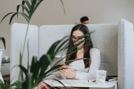 Confident business person discussing innovative market expansion strategy in corporate office.の写真素材