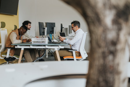 Young adult colleagues collaborating on a project in a creative corporate office.
