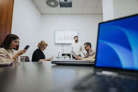 Cross generational professionals collaborate in a modern office, analyzing market opportunities and...