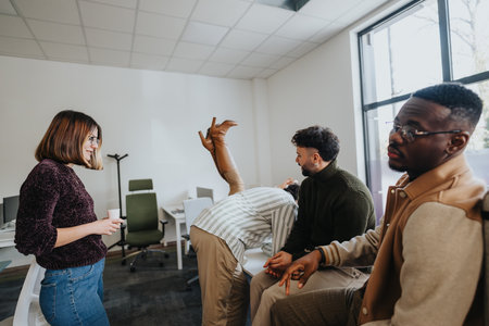 Successful multiethnic team working together in office on business expansion project.の写真素材