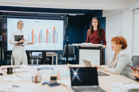 Business professionals discuss statistics and brainstorm for business expansion in a corporate office, fostering success through teamwork.の写真素材