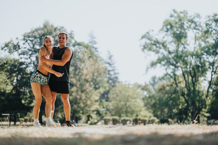 Caucasian couple jump ropes together in the park, showcasing their fit bodies and dedication to a healthy lifestyle.の写真素材