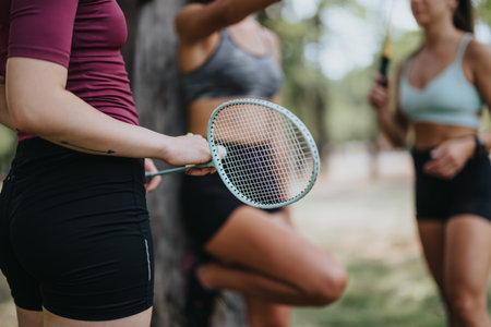 Athletes resting after training outdoors, holding rackets and a ball. Happy girls enjoying a conversation in a park on a sunny day. Cropped photo.の写真素材