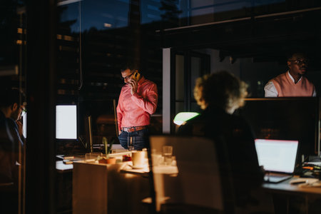 A cross-generational team collaborates late at night in the office, discussing business growth, sales, and marketing strategy.の写真素材