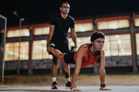 Fit couple enjoys exercising together in park.の写真素材