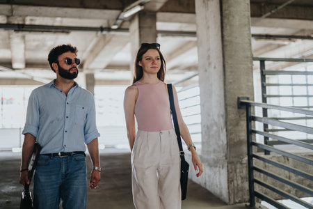 Successful Business Couple Discussing Profit Growth Strategy in City Center During Cloudy Dayの写真素材