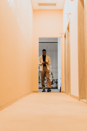Handsome man chats on the phone, multitasking in an orange work hall.の写真素材