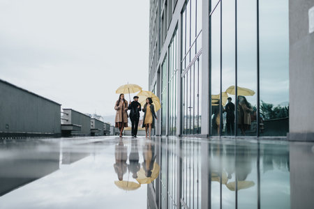 Three professionals walk side by side under yellow umbrellas, reflected on the wet city pavement outside a modern building.の写真素材