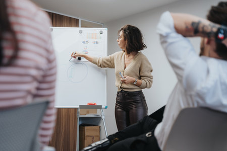 Professional businesswoman leading a creative team meeting in modern office.の写真素材