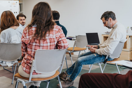 Different aged group of professionals collaborate, sharing ideas and discussing strategies for...
