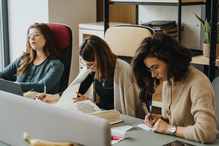 Successful female team analyzing and discussing creative business strategies in indoor office workplace.の写真素材