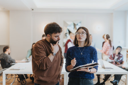 Focused male and female colleagues discussing project in busy office environment.の写真素材