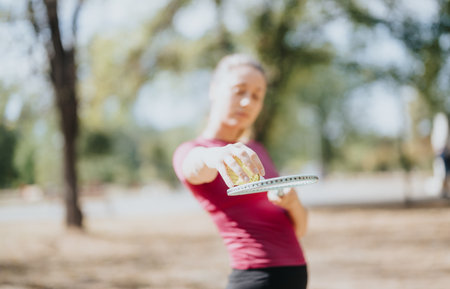 A fit girl enjoying a sunny day in the park after training, taking a break and posing with her racket. Sports girl putting a shuttle on a racket.の写真素材