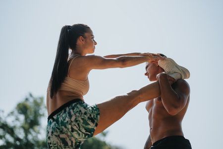 Fit couple challenge themselves with a rope workout in a sunny park, warming up and stretching as they prepare for an outdoor exercise routine.の写真素材