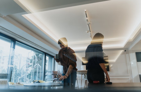 Modern couple in stylish kitchen enjoying morning routine together.の写真素材
