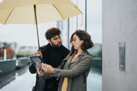 Two business partners sharing tablet under umbrella on rainy city day.の写真素材