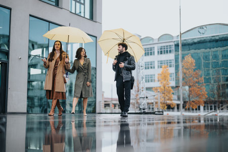 Business colleagues with umbrellas walking together on a rainy city street.の写真素材