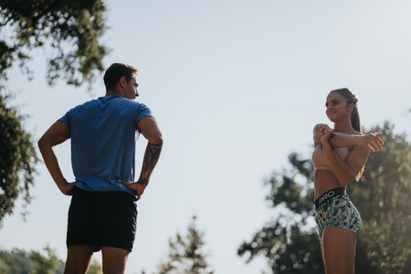Two Caucasian athletes warm up in a sunny park, preparing for their outdoor workoutの写真素材