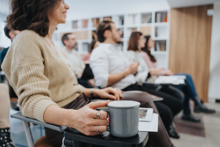 Colleagues clapping after a presentation at a corporate training session. They are seated in a office, exhibiting enthusiasm and team spirit.の写真素材
