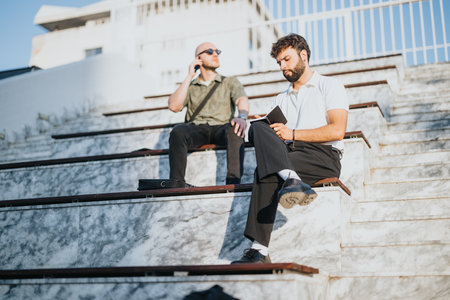 Successful Business Partners Analyzing Project Details Outdoorsの写真素材