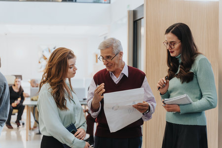 Senior businessman discussing project details with young female colleagues.の写真素材