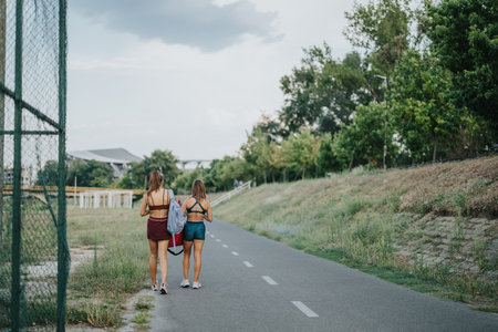 Fit girls walking on a track after training at the park. They are going home. Discussing while walking.の写真素材