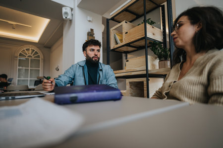 A bearded man in conversation with a woman in a bright, modern office space, highlighting teamwork and collaboration.の写真素材