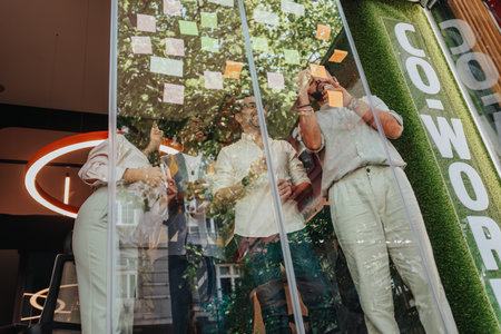 Modern office with sticky notes covering a glass wall. Multiracial team promoting growth in their...