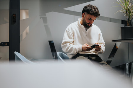 Taking a break, a man glances at his phone, staying connected at work.