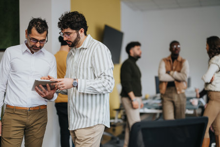 Confident business people discussing financial planning and market research in a pleasant office environment.の写真素材
