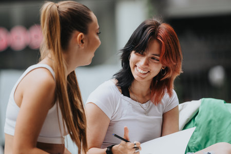 Two Girls Studying Together Outdoors, Preparing for an Exam with Books and Writing Homeworkの写真素材