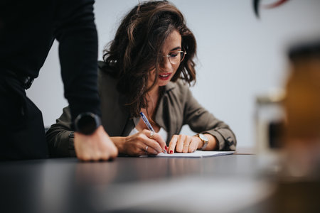 Focused businesswoman in glasses signing important papers while her male colleague watches. A moment...