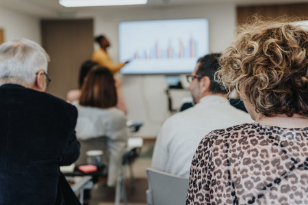 Cross generational, multiracial businesspeople attentively attending a productive brainstorming session in a boardroom.の写真素材