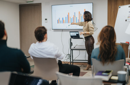 A confident woman delivers a sales presentation using charts on a screen in a well-lit business meeting room with attentive colleagues.の写真素材