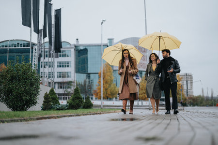 Three friends sharing laughter while walking in the rain with vibrant yellow umbrellas, urban buildings towering in the background.の写真素材