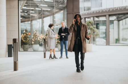 Businessman on call walking past colleagues in a lobby with Christmas decor, outdoors.の写真素材