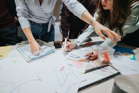 A dynamic team of employees engage in a productive brainstorming session, sharing ideas amidst...
